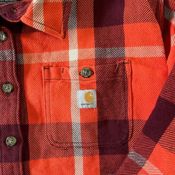 Carhartt Rugged Flex Loose Fit Twill Flannel Shacket Womens L Orange Plaid - Picture 4 of 11